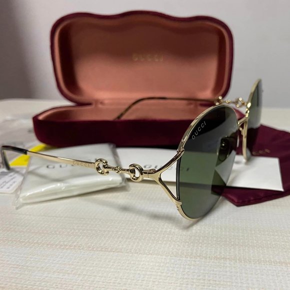NWT GUCCI GG1017SK - 002 GOLD GREEN SUNGLASSES - Picture 5 of 7